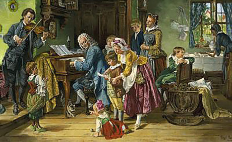 Eine Familie macht Hausmusik. Es sind zwölf Personen zu sehen. In der linken Hälfte sitzt Bach am Cembalo, sein ältester Sohn geigt links von ihm. In der Mitte hält Maria Barbara Bach ein Notenblatt. Rechts ist eine Wiege, hinten kümmert sich ein Mädchen 
