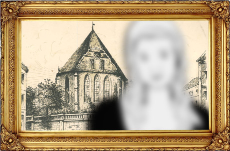 In einem goldenen Barockrahmen ist ein sehr unscharfe Zeichnung von einem Mädchen. Sie stilisiert Maria Barbara Bach. Im Hintergudn sieht man auf einer historischen Postkarte die Bachkirche in Arnstadt.