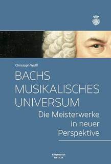 Das Buch ist dunkelblau. In einem sehr schmalen waagrechten Streifen im oberen Drittel schaut Bach mit nur einem Auge den Betrachter an. Unten steht der Titel des Buches: Bachs musikalisches Universum.