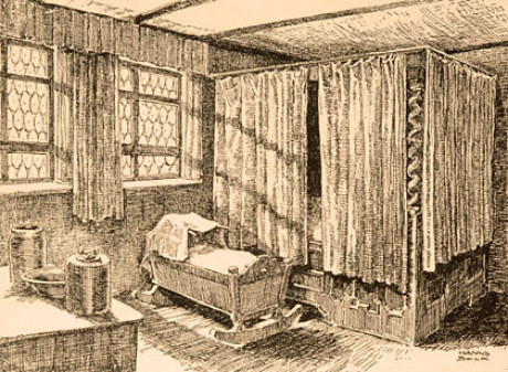 Auf einer vergilbten schwarz-weißen Bleistift-Zeichnung sieht man im Bild ein Bett, das an allen Seiten wie ein Himmelbett durch Vorhänge geschlossen ist. Davor steht eine Wiege. Sonne scheint hinein.