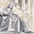 Bach in Pittsburgh in den USA, ein Aquarell. Bach sitzt auf einem Prunksessel. Im Hintergrund ein Bau aus Sandstein.