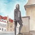 Das Denmal von Johann Sebastian Bach als Aquarell in Mühlhausen. Noch jung steht JSB neben dem Sockel. Im Hintergrund historische Häuser.